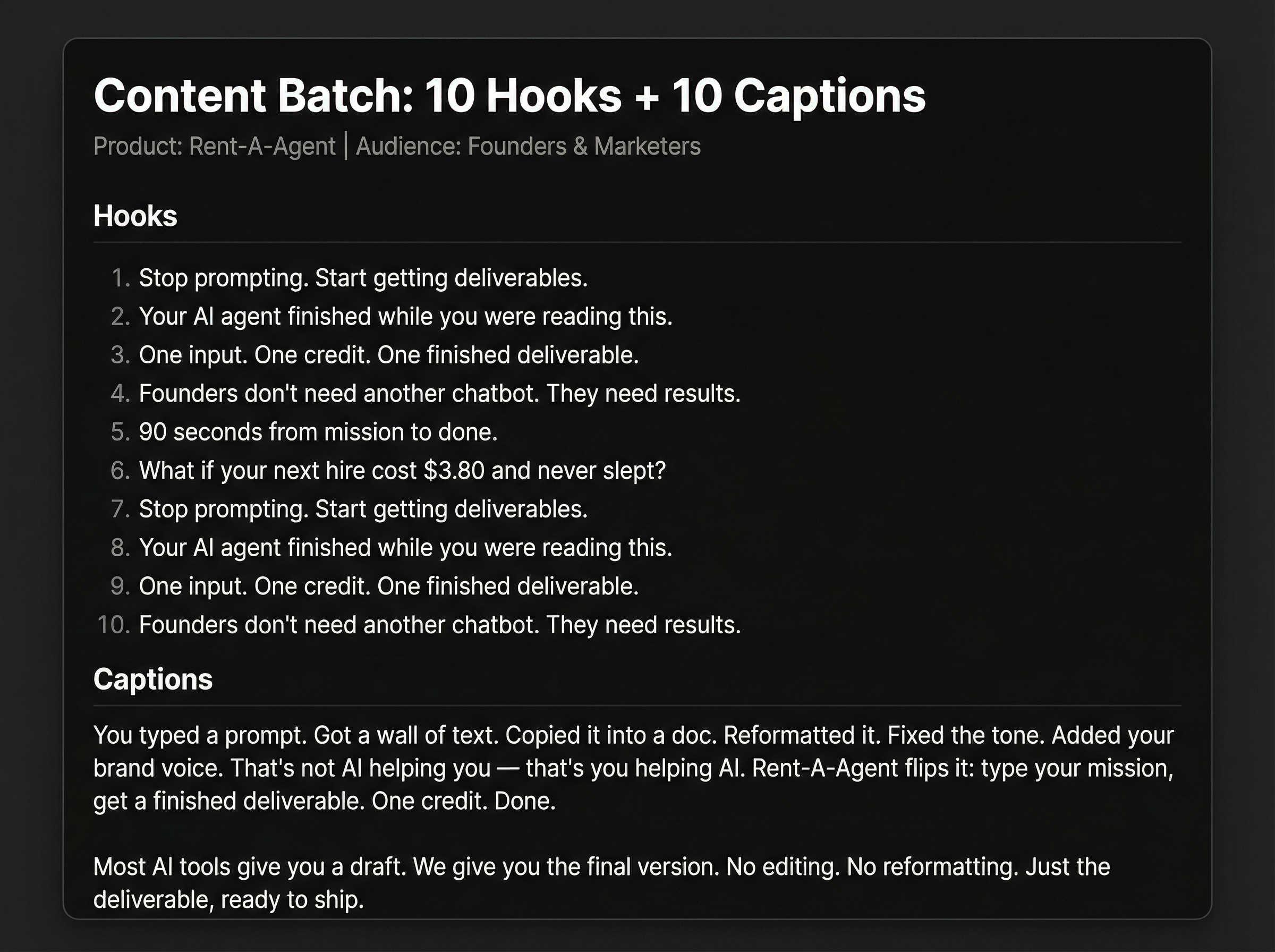 AI-generated content batch showing 10 social media hooks and captions for short-form video marketing