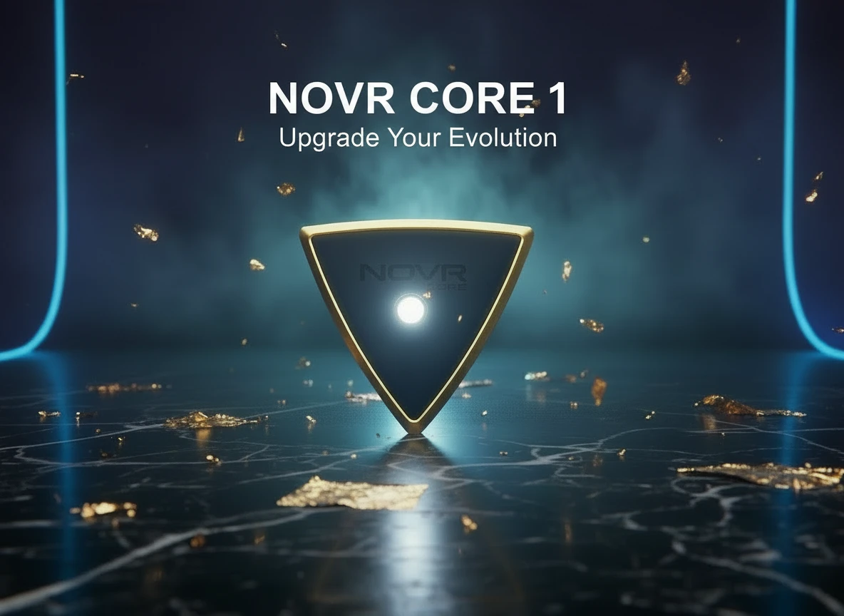 NOVR CORE 1 triangular device with gold trim and glowing center